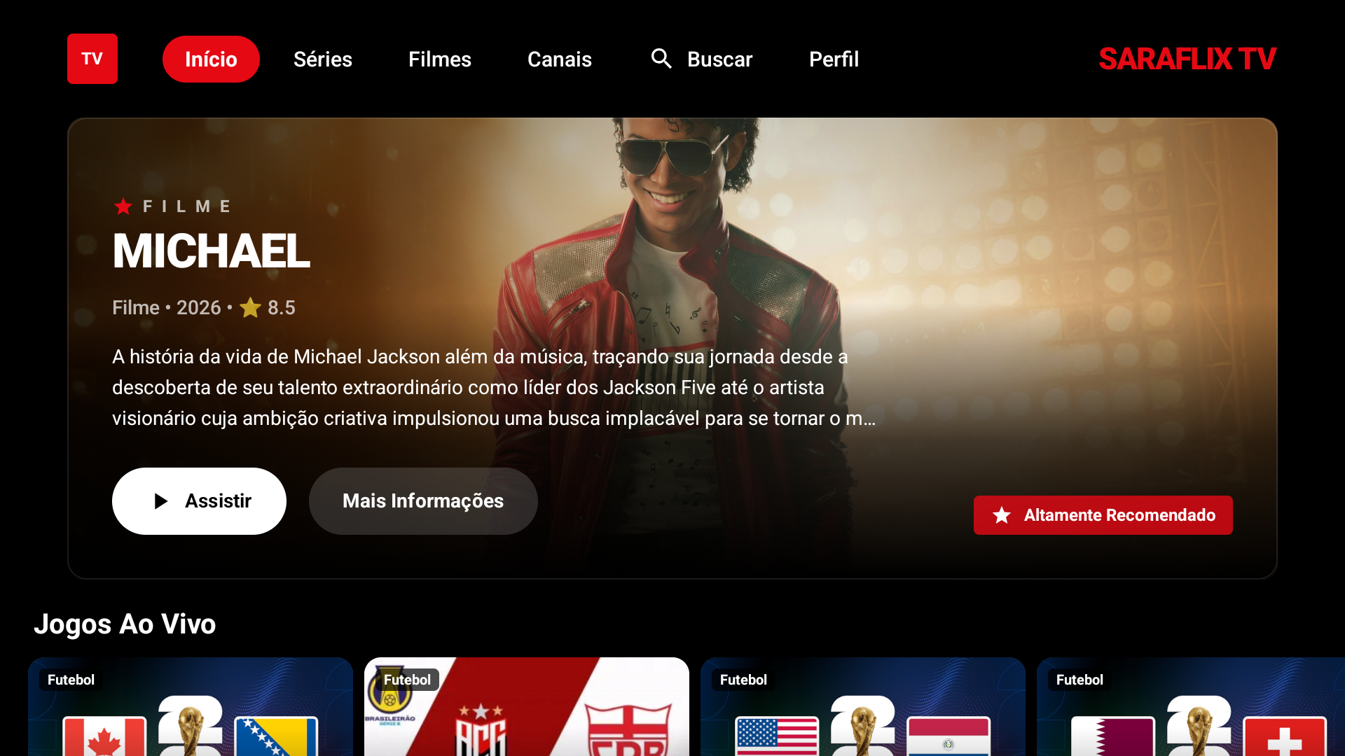 Saraflix TV: catálogo, busca e jogos ao vivo em uma interface para controle remoto